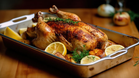 Roasted whole chicken with lemon and herbs in baking dish on wooden tableの素材