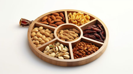 Assorted nuts in a round wooden box on a white background.の素材