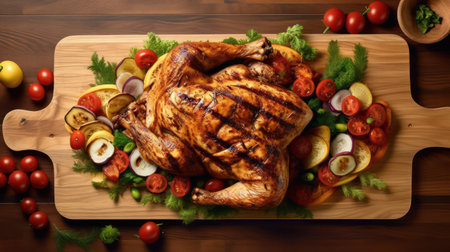 roasted chicken with vegetables on a wooden board, food top viewの素材