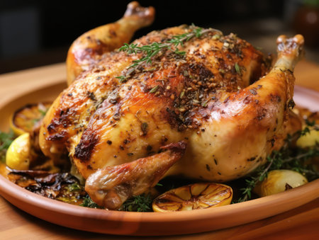 Roast chicken with potatoes and herbs on wooden table, closeupの素材