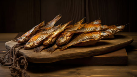 Smoked fish on a wooden board on a dark wooden background.の素材