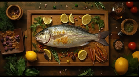 Fresh fish with lemon, herbs and spices on wooden table. Top viewの素材