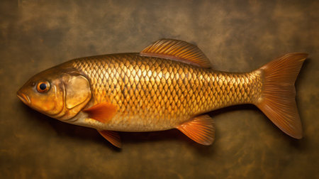 Carp fish on a dark background, close-up, top viewの素材