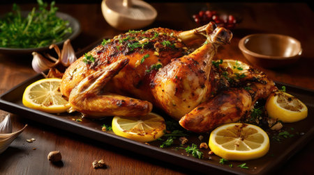roasted chicken with lemon and herbs on a wooden table, closeupの素材