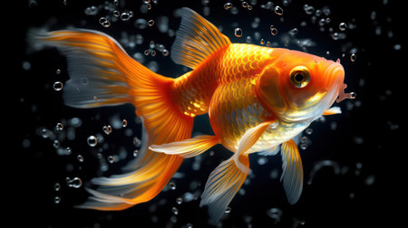 Goldfish in aquarium. Isolated on black background. 3d rendering.の素材
