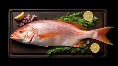Fresh raw red tilapia fish with lemon and herbs on wooden board isolated on black backgroundの素材