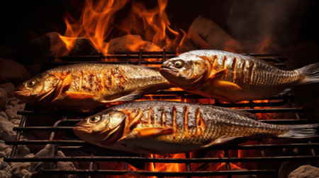 Grilled fish on fire, close-up. Culinary backgroundの素材