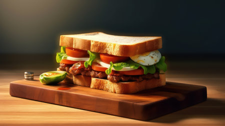 Sandwich with bacon, mozzarella and tomato on wooden boardの素材