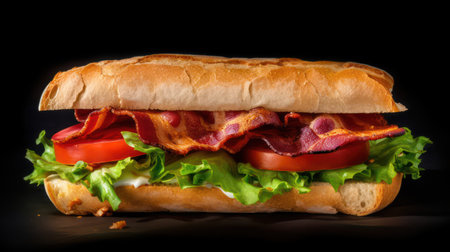 Sandwich with bacon, tomato and lettuce on a black background.の素材
