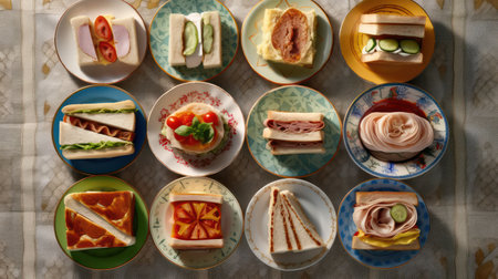 Top view of a set of sandwiches with different fillings on platesの素材