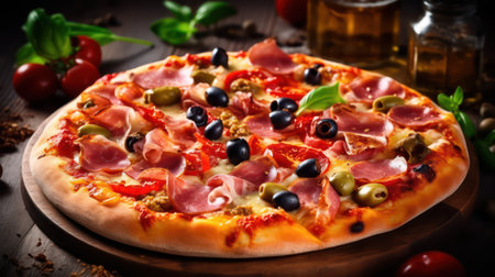 Pizza with ham, olives and mozzarella on wooden tableの素材
