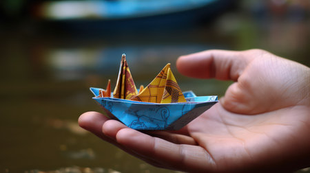 Paper boat in hand, closeup of photo with shallow depth of fieldの素材