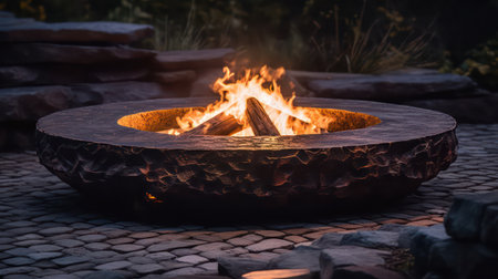 Burning firewood in the shape of a bowl on the ground.の素材