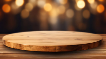 Empty round wooden table in front of a blurred background with bokehの素材