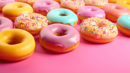 Colorful glazed donuts on pink background, close-upの素材