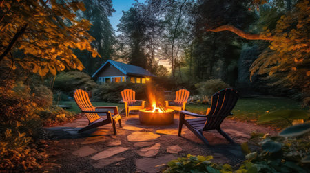 Evening camping in the park. Wooden chairs by the fire.の素材