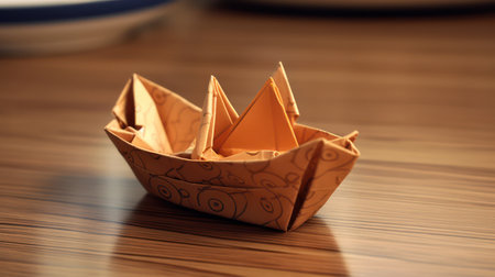 Paper origami boat on a wooden table. Shallow depth of fieldの素材