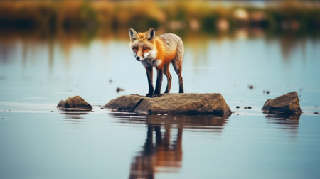 Red fox standing on a rock in the water, close-upの素材