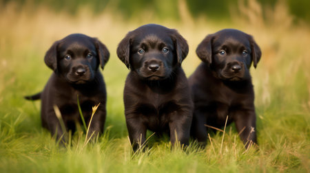 Labrador Retriever puppies sitting in the grass on a sunny dayの素材