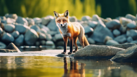 Beautiful red fox standing on a rock in the water and looking at cameraの素材
