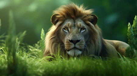 Lion in the grass. Portrait of a majestic male lion.の素材