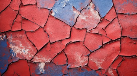Old cracked red and blue paint on the wall. Abstract background for design.の素材