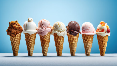 Ice cream in waffle cones on blue background. 3d renderingの素材