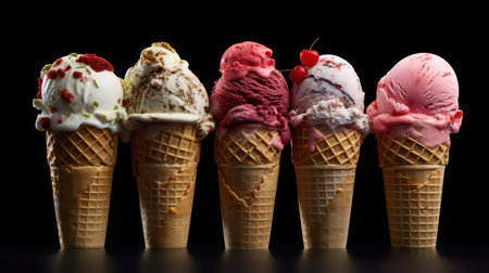 Ice cream cones with berries and chocolate on black background, close upの素材