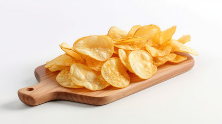Potato chips on a wooden cutting board on a white background.の素材