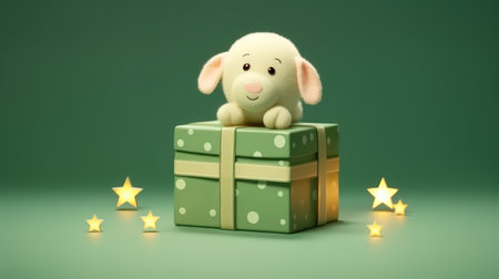 3d rendering of a cute sheep sitting on a green gift boxの素材