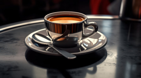 Cup of coffee on a table in a cafe, close upの素材