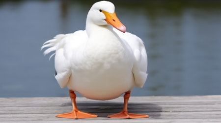 White duck standing on a wooden pier by the lake in the summerの素材