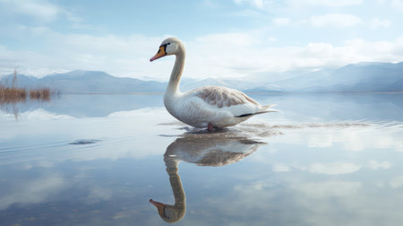 Beautiful white swan swimming on the lake with reflection in waterの素材