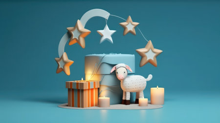 Cute sheep with gift box and candle on blue background. 3d renderingの素材