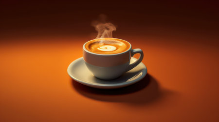 Cup of coffee with latte art on orange background. 3d illustrationの素材