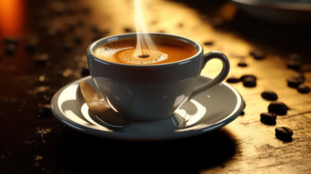 Coffee cup with coffee beans on the wooden table background.の素材