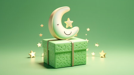 Cute moon and gift box on green background. 3D renderingの素材