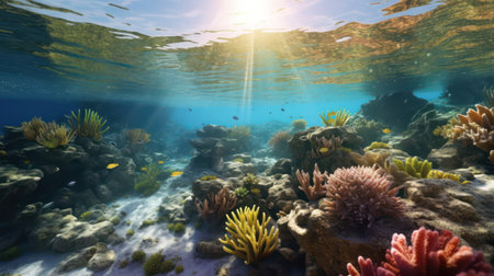 Underwater view of coral reef with fishes and seaweed. 3d renderの素材