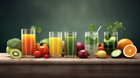 Glasses with fresh organic vegetable juices on wooden table. Healthy food conceptの素材