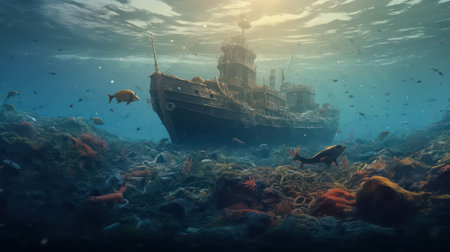 Underwater view of a sunken ship in the Red Sea.の素材