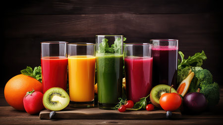 Fresh fruits and vegetable juices in glasses on wooden background. Detox dietの素材