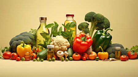 Healthy food background with fresh vegetables and oil bottles. 3d renderの素材