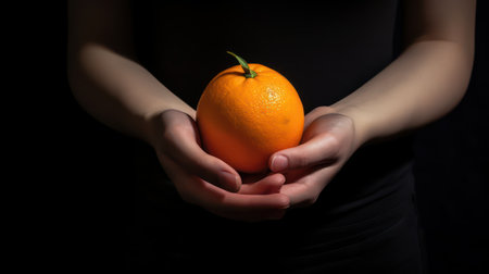 Female hands holding a fresh orange on a black background, closeupの素材