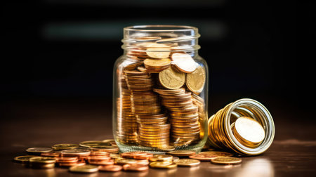 Coins spilling out of a glass jar. Saving money concept.の素材