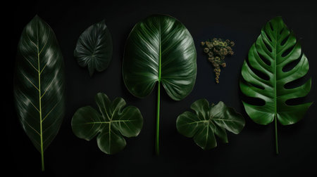 Creative layout made of monstera leaves on black background. Flat lay, top view minimal concept.の素材