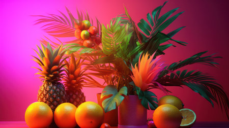 Tropical fruits on a pink background. Still-life.の素材