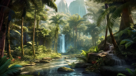 Digital painting of a waterfall in a tropical jungle with palm trees and plantsの素材