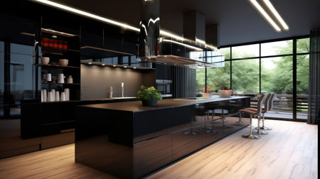 3d rendering of a modern kitchen in a loft with black wallsの素材