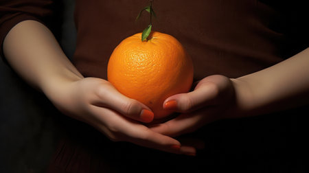 Close-up of female hands holding an orange on a dark backgroundの素材