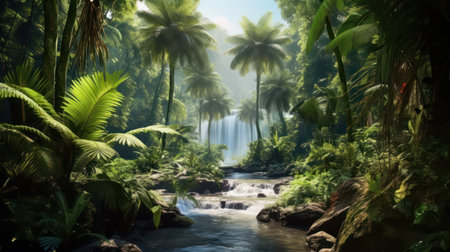 tropical rainforest with waterfall and palm trees - 3d renderの素材